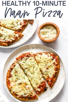 two plates with pizza on them and the words healthy 10 - minute naan pizza