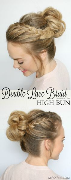 double-lace-braids-high-bun-tutorial High Bun Tutorials, Updo With Headband, Lace Braids, Lace Braid, Bun Tutorial, High Bun, Easy Braids, Cool Haircuts, Top Knot