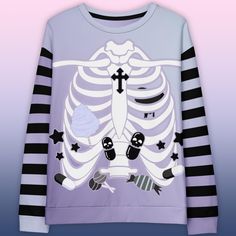 Embrace Dark Cuteness with Our Yami Kawaii Rib Cage Sweater Step into the world of Yami Kawaii and Pastel Goth aesthetics with our Yami Kawaii Rib Cage Sweater, designed for fans of Jirai Kei and Menhera fashion.  This cozy winter and fall sweatshirt features a striking rib cage graphic, blending eerie vibes with soft pastel colors for the perfect mix of dark and cute.  Whether you're heading out on a chilly day or staying cozy at home, this sweater adds the perfect layer of Menhera and Pastel G Pastel Goth Fashion Outfits, Pull Aesthetic, Yami Kawaii Aesthetic, Goth Sweatshirt, Yami Kawaii Fashion, Menhera Fashion, Pastel Clothes, Clothing Kawaii, Kawaii Sweatshirt