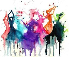 watercolor painting of dancers in different colors