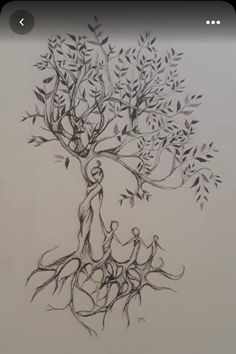 a drawing of a family tree with leaves and branches on the bottom half of it