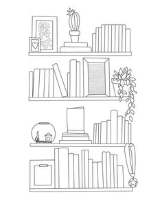 a black and white line drawing of bookshelves with plants, vases and pictures on them