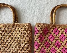 two woven bags sitting on top of a white surface