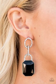 An oversized black emerald-cut rhinestone swings from the bottom of white rhinestone encrusted links, creating a gorgeously dramatic lure. Earring attaches to a standard post fitting. Sold as one pair of post earrings. Paparazzi Jewelry Images, Paparazzi Accessories Jewelry, Fish Hook Earrings, Paparazzi Accessories, Red Earrings, White Rhinestone, Chic Jewelry, Black Earrings, Affordable Jewelry