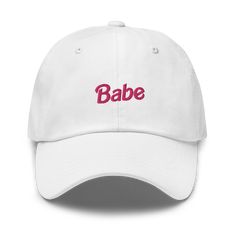 Babe Hat Trendy Adjustable Dad Hat With Short Brim, Trendy Cotton Snapback Hat With Short Brim, Trendy Dad Hat With Short Brim, Trendy Brimmed Cotton Baseball Cap, Cute Summer Dad Hat, Cute Summer Hats With Curved Bill, Cute Dad Hat For Summer, Fun Summer Dad Cap, Fun White Baseball Cap