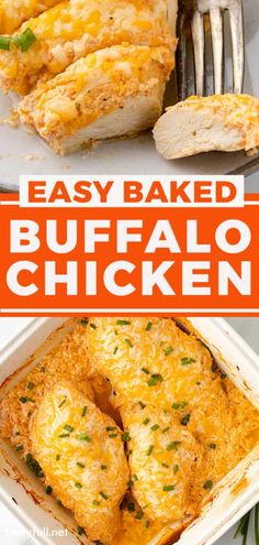 an easy baked buffalo chicken recipe in a white casserole dish with text overlay