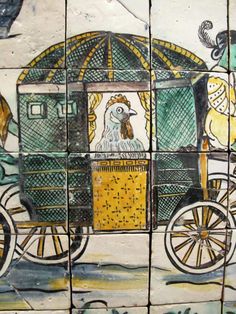 an artistic tile mural depicting a horse and buggy with chickens in the wagon,