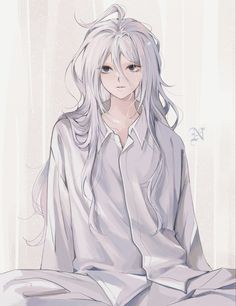 an anime character with long white hair sitting on a bed