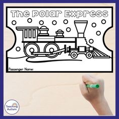 the polar express coloring book is shown with a hand holding a marker and writing on it