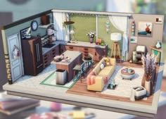 an animated view of a living room and kitchen from the top floor to the ceiling