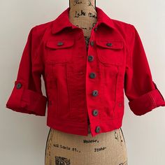 Highway Jeans Red Denim Cropped Jacket New Without Tags Cuffed Sleeves Metal Buttons 17.5” Pit-Pit 17” Length Clown Jacket, Denim Cropped Jacket, Red Denim, Crop Jean Jacket, Red Jeans, Jeans Jacket, Juniors Jeans, Cropped Jacket, Crop Jacket