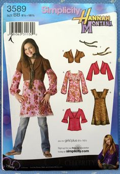 "Simplicity 3589, Girls' plus dress, mini-dress or tunic and top, jacket with sleeve variations and scarf sewing pattern. Girls' size 8-1/2 to 16-1/2. Hannah Montana pattern. Pattern is uncut. Body Measurements: Chest:  30\" to 36\" Waist:  28\" to 32\"  Hip:  33\" to 39\" Pattern envelope has minor folds/tears due to age/storage (see pictures).  Pattern sheets are uncut. This is for a sewing pattern only, not a completed item. Each Pattern is protected in a plastic sleeve. I use padded envelopes and place cardboard in each one for safe and secure shipping. Patterns come from a Smoke Free home." Scarf Sewing Pattern, Sleeve Variations, Girls Clothes Patterns, Scarf Jacket, Girl Dress Pattern, 2000s Nostalgia, 2000s Outfits, Jacket Pattern Sewing