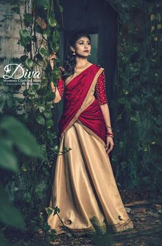 Kerala Traditional Half Saree Designs, New Half Saree Models, Indian Half Saree Designs, Half Saree With Saree, Off Saree Models, Half Saree Ideas Simple, Dawani Designs, Half Saree Models, Davani Half Saree