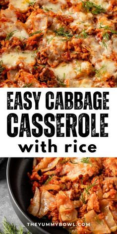 an easy cabbage casserole with rice in a skillet and topped with fresh herbs