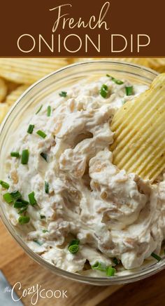 a close up of a bowl of potato chips and dip with the title text above it