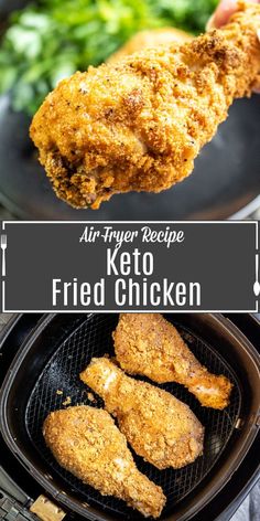 fried chicken is being cooked in an air fryer with the words air fryer recipe keto fried chicken