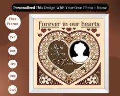 a heart shaped frame with the words forever in our hearts and an image of a woman's face