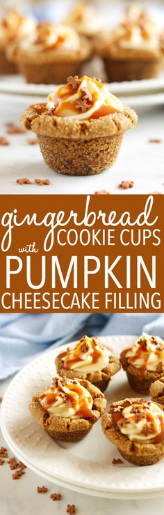 the recipe for gingerbread cupcakes and pumpkin cheesecake filling is shown on a white plate