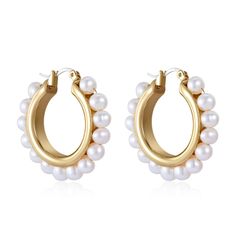 Elegant, timeless, and beautiful — House of Pearls’ Circle Pearl Earrings are the perfect way to add a touch of sophistication to your formal look. Crafted with a timeless gold vermeil finish, these earrings feature a perfect circle of lustrous pearls that shimmer gracefully in the light. Whether you wear them with casual wear or a special occasion look, these earrings add a touch of poise to any ensemble. Material: 18k gold plated on sterling silver Style ADiameter: 2.8cm Weight: 2.5g per earri Perfect Circle, Hoop Earrings Gold, Pearl Design, Pearl Hoop Earrings, A Perfect Circle, Real Pearls, Trendy Earrings, Silver Style, Pearl Gemstone