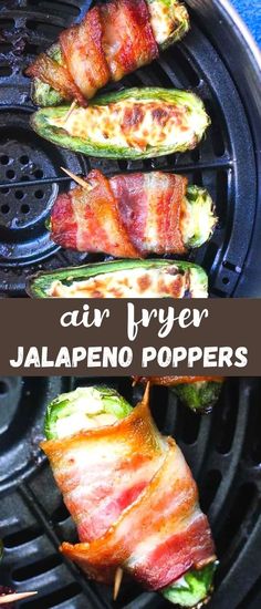 bacon wrapped jalapeno poppers on the grill with text overlay that reads air fryer bacon wrapped jalapeno poppers