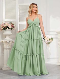 #color_Dusty Sage Flowy A-line Prom Dress, Flowy A-line Chiffon Dress For Prom, V-neck Ruffle Bridesmaid Dress For Party, Chiffon V-neck Bridesmaid Maxi Dress, Flowy A-line Chiffon Prom Dress, Summer Wedding V-neck Floor-length Dress, Chiffon Maxi Dress With Sweetheart Neckline For Wedding Guest, Flowy Chiffon Dresses With Empire Waist, Flowy V-neck Summer Bridesmaid Dress