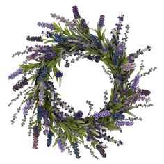 a wreath with purple flowers and green leaves