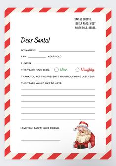 a santa letter to santa is shown on a red and white striped card with the words dear santa