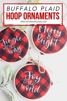 three buffalo plaid hoop ornaments with the words merry and bright on them