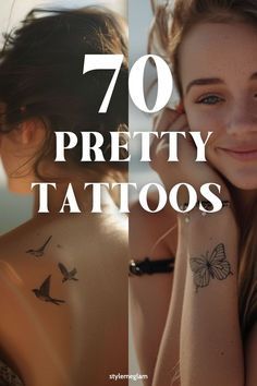 two women with tattoos on their backs and the words 70 pretty tattoos written below them