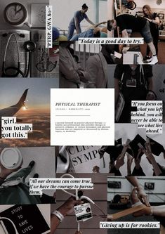 a collage of photos with words and pictures on them that include people, objects, and text