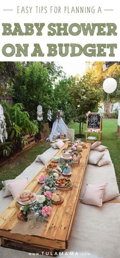 an outdoor baby shower on a budget with text overlay that reads easy tips for planning a baby shower on a budget