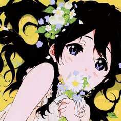 a woman with flowers in her hair and an anime character on the back ground behind her