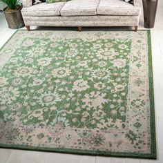 a living room with a couch, chair and rug