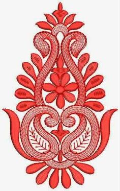 a red and white embroidered design with flowers on it's side, in the shape of a peacock