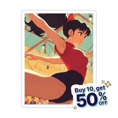 a sticker with an image of a woman in red shirt and black skirt