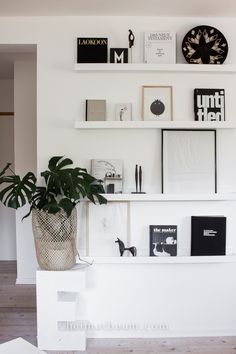 there is a plant and some books on the shelf in this room with white walls