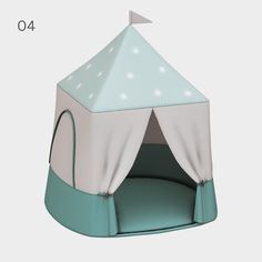 a small tent with white stars on the top and light blue bottom, sitting in front of a gray background