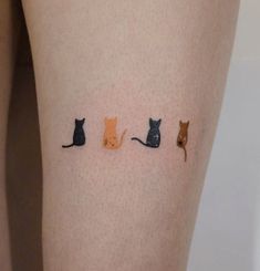 three cats sitting on the side of a woman's thigh