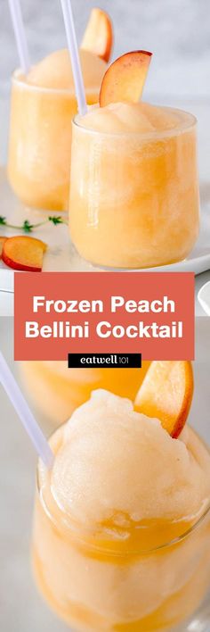 two glasses filled with frozen peach bellini cocktail