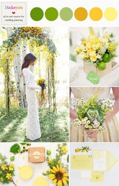 yellow and green wedding color scheme with sunflowers, roses, hydrangeas