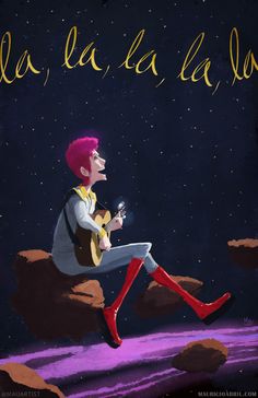 a man sitting on top of a rock under a sky filled with stars and writing