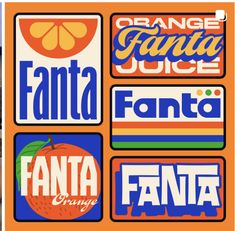 an orange and blue poster with different types of sodas on it's sides