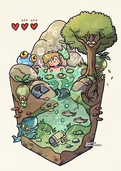 an illustration of a boy swimming in a pond surrounded by trees and other things that are floating on the water