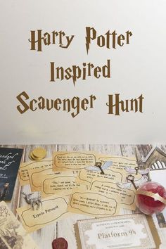 the harry potter inspired scavenger hunt is on display in front of some books