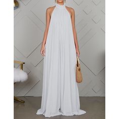 White Halter Neck Backless Chiffon Wide Leg Jumpsuit Sleeveless Solid Chiffon Summer Dress, Sleeveless Solid Color Chiffon Summer Dress, Elegant Summer Chiffon Dress For Banquet, Sleeveless Chiffon Dress For Spring, Floor-length Chiffon Dress For Summer Banquet, Summer Floor-length Chiffon Dress For Banquet, Summer Solid Color Chiffon Maxi Dress, Summer Banquet Floor-length Chiffon Dress, Solid Sleeveless Chiffon Dress