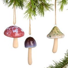 three ornaments hanging from a christmas tree