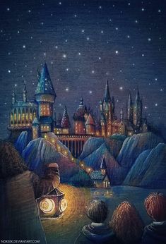 a painting of hogwarts castle at night with people looking up at the sky