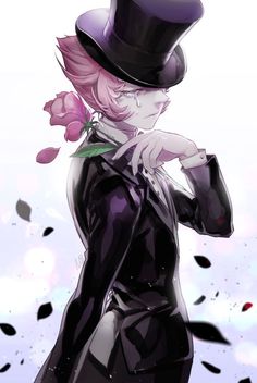 a woman with pink hair wearing a top hat and black coat holding a flower in her hand