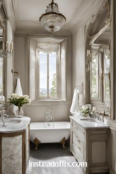 an elegant bathroom with chandelier, sink and bathtub