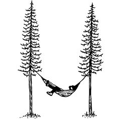 a person laying in a hammock between two tall pine trees, vintage line drawing or engraving illustration